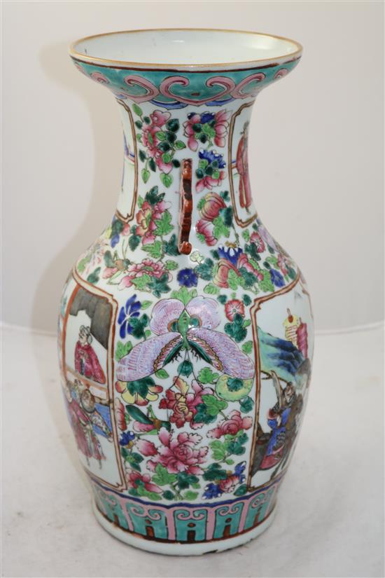 A Chinese Canton-decorated famille rose baluster vase, mid 19th century, 42.5cm, body crack